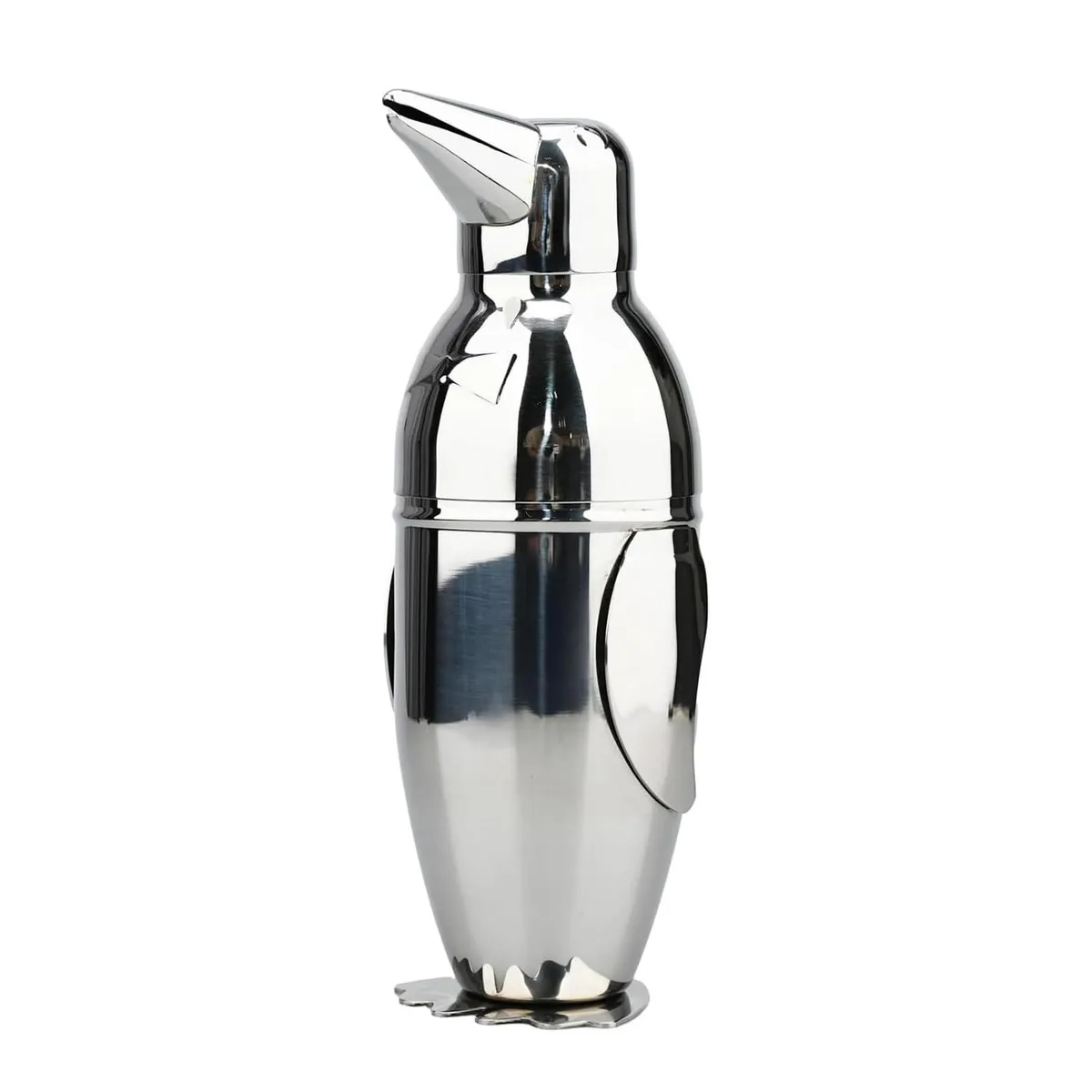 Stainless steel penguin cocktail shaker with built-in strainer, glossy silver finish, 17 oz capacity