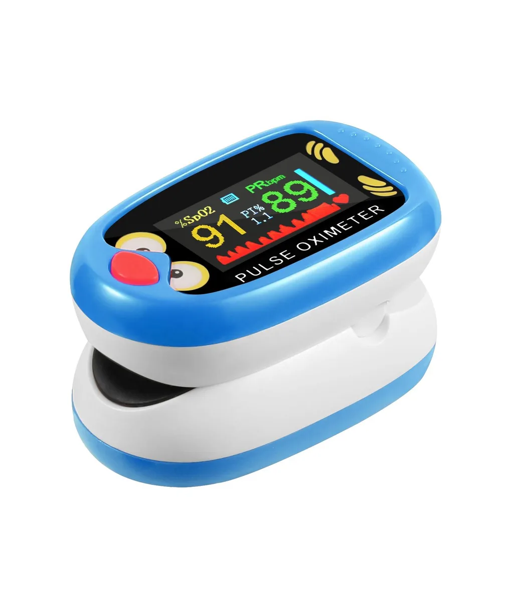 Blue fingertip pulse oximeter with cartoon design and USB-C port