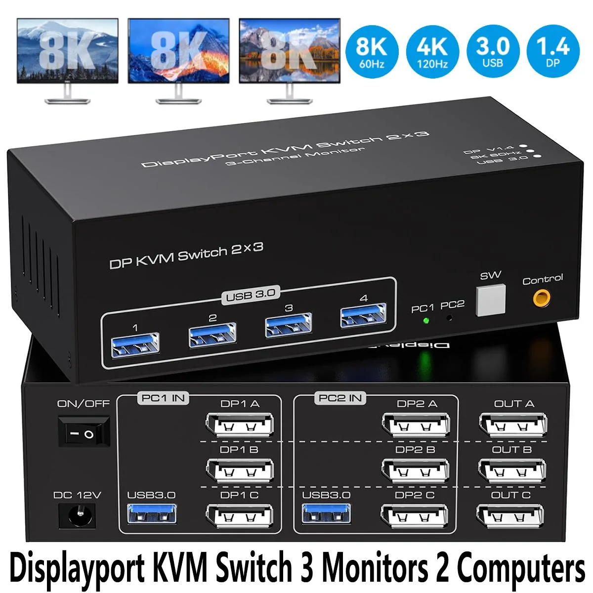 Compact black desktop KVM switch with front push buttons and LED indicators, three DisplayPort outputs, four USB 3.0 ports