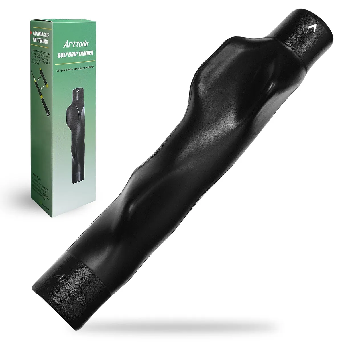 Black right-hand golf grip trainer, 6.1 by 1.4 inches, thin moulded plastic with finger guides