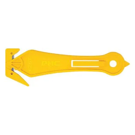 Yellow enclosed-blade utility knife, 7 in long, double-sided cutting edges, coil lanyard hole