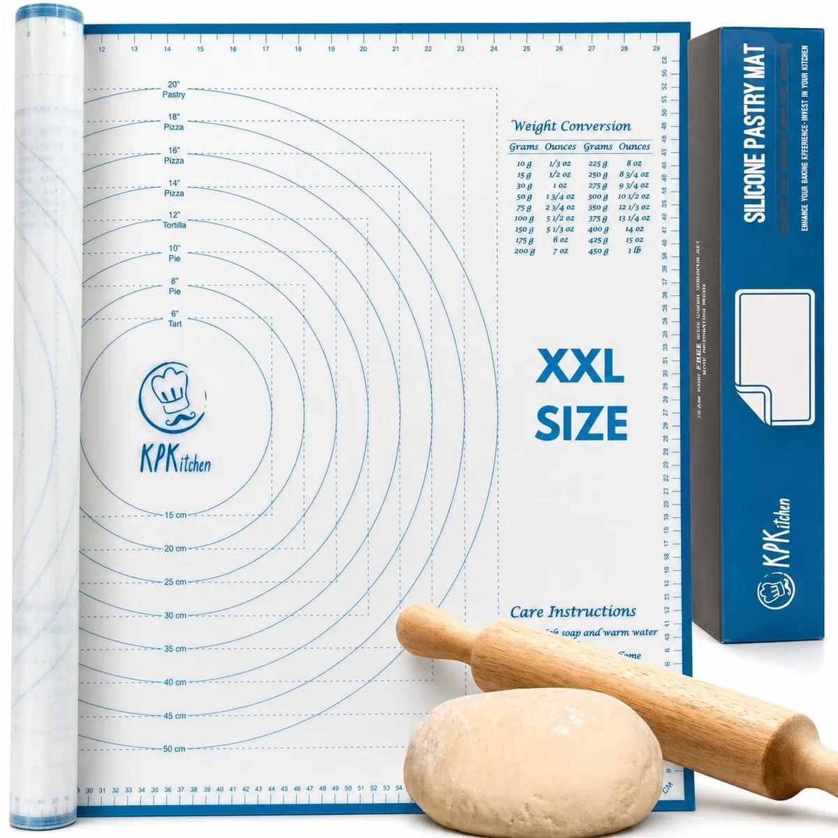 Large white and blue silicone mat with printed measurements and conversion charts