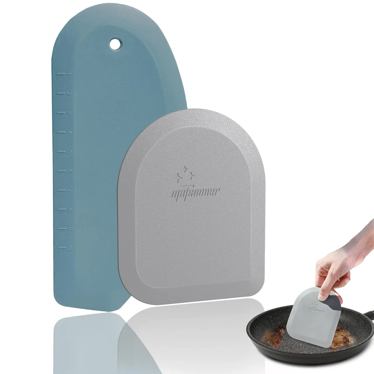 Two scrapers, one blue silicone with nylon core, one grey ABS plastic, curved and straight edges