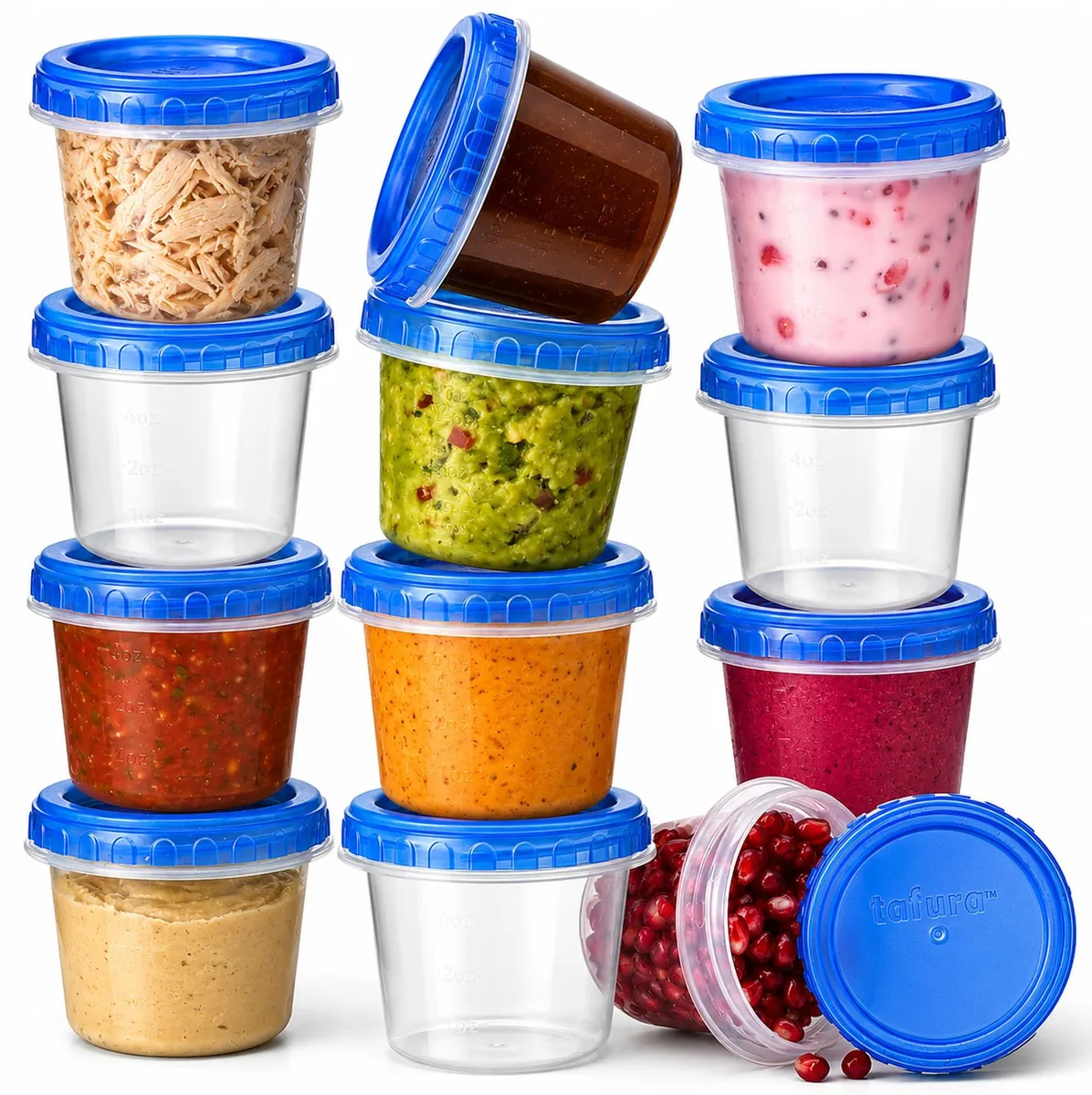 Twelve red 4oz plastic containers with twist-top lids