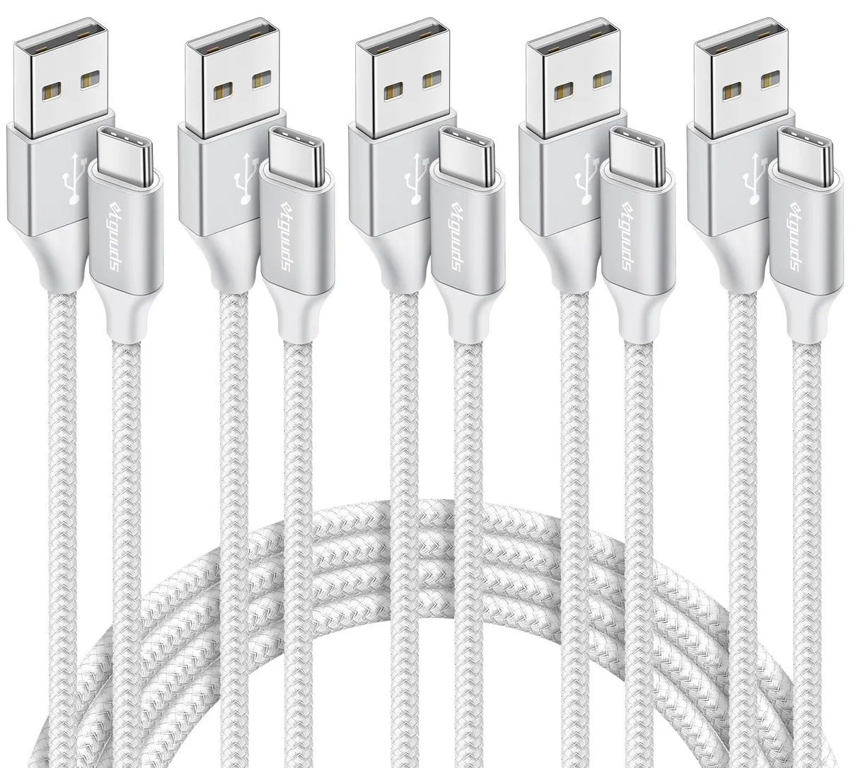 Five white nylon-braided USB-A to USB-C cables in mixed lengths