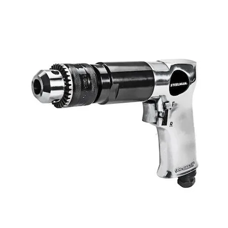 Silver pneumatic drill with pistol grip, side handle, and keyed chuck