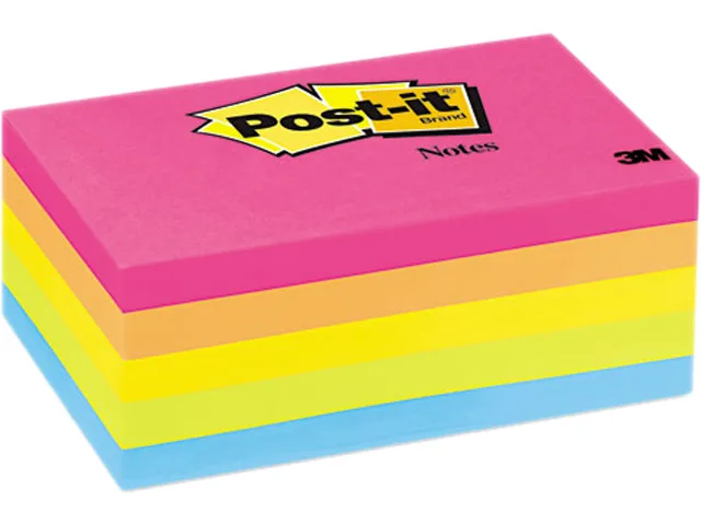 Five pads of neon coloured square sticky notes in a pack