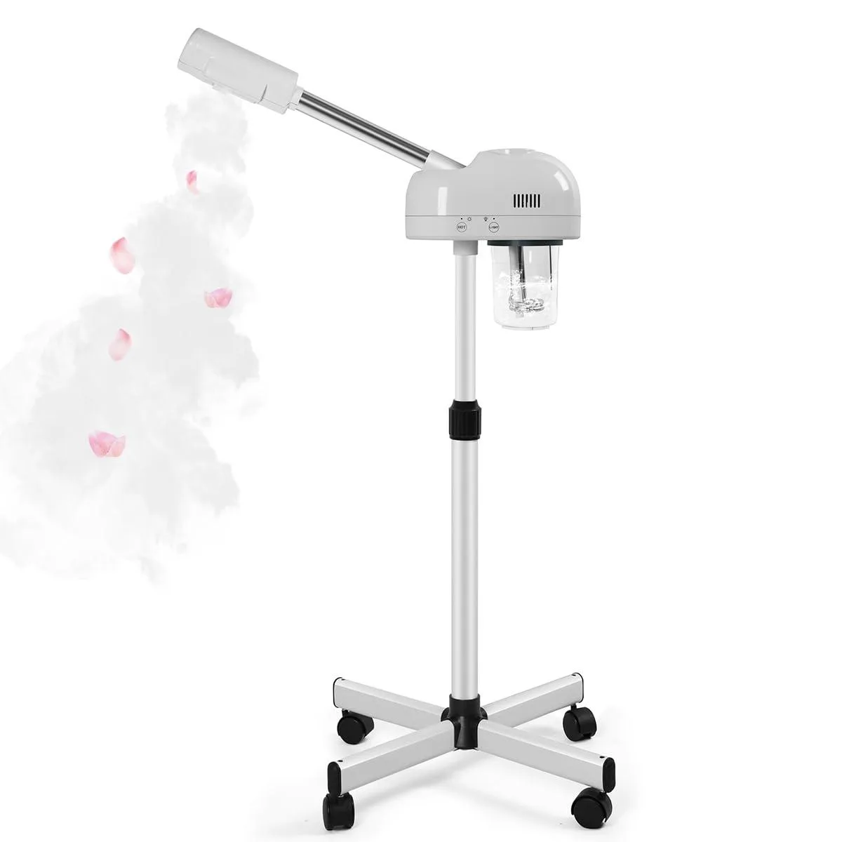 White wheeled facial steamer on adjustable stand with steam arm and water tank
