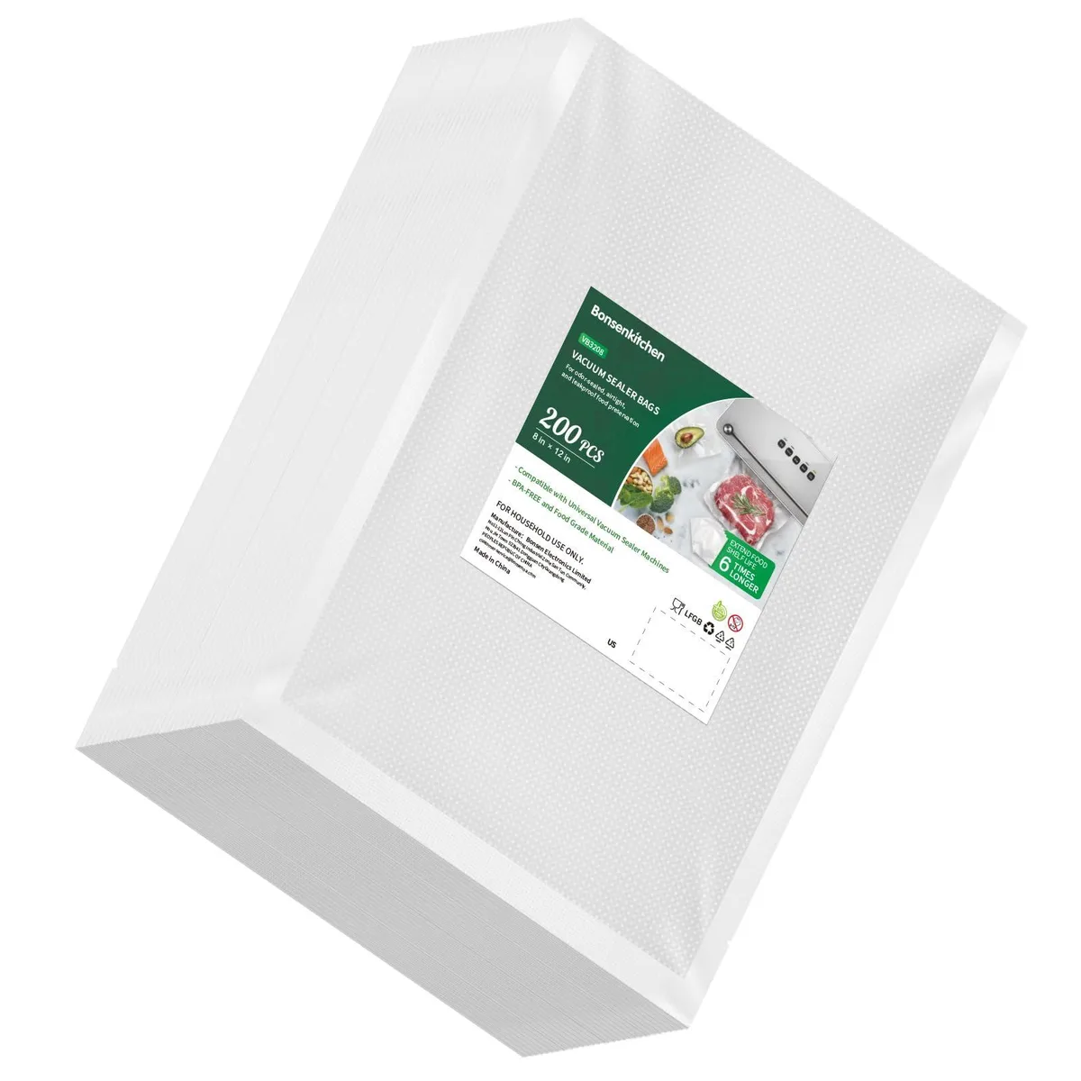  FoodSaver Bonsenkitchen Precut Vacuum Sealer Bags 200 Quart 8" x 12" VB3208 — product photo