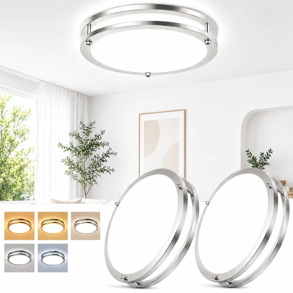 Two white flush-mount ceiling lights with clear prismatic diffusers and dual-ring frames