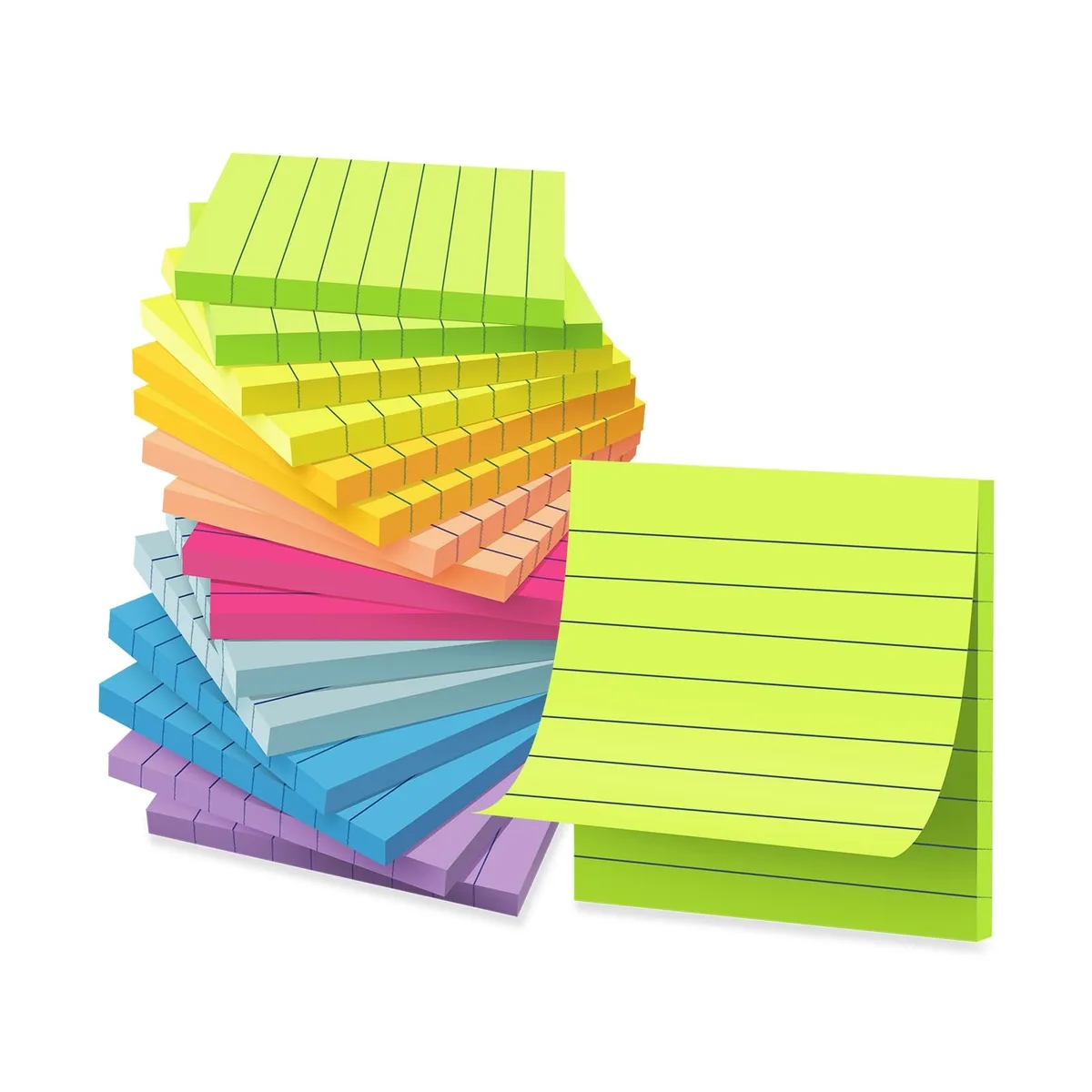 Sixteen square lined sticky note pads in bright colours, 3 by 3 inches
