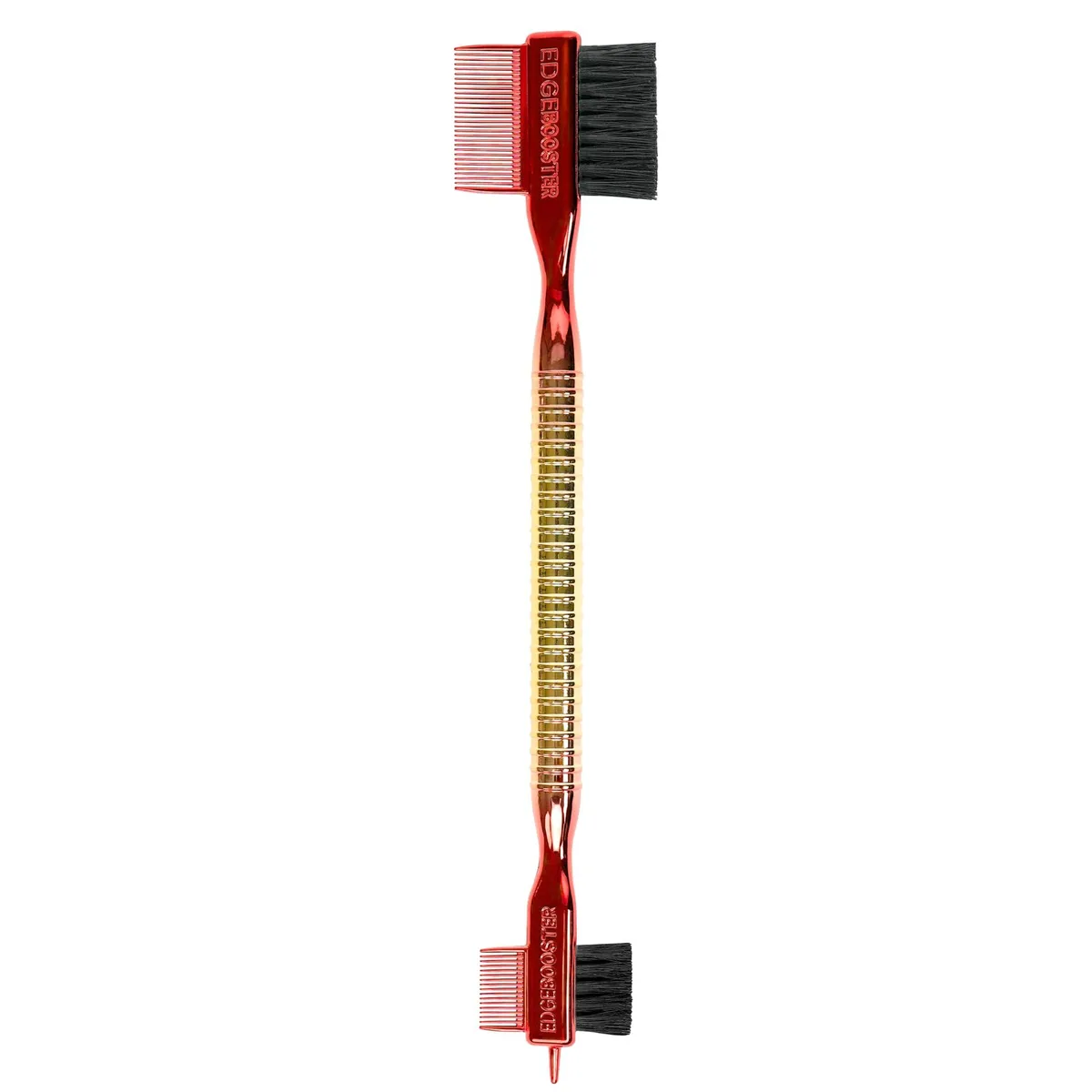 Red and gold striped dual-sided edge control brush with boar bristles and pin tail comb