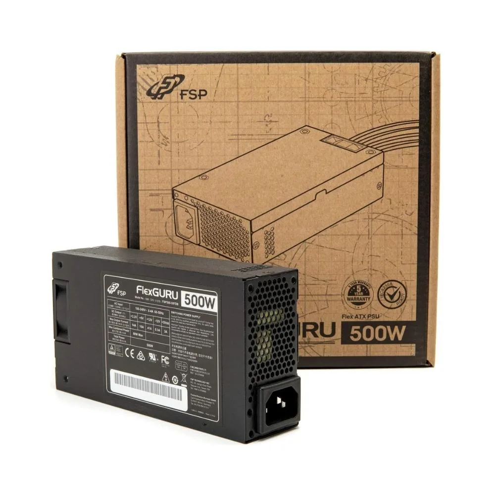 Compact silver Flex ATX power supply with 40mm fan and black cables