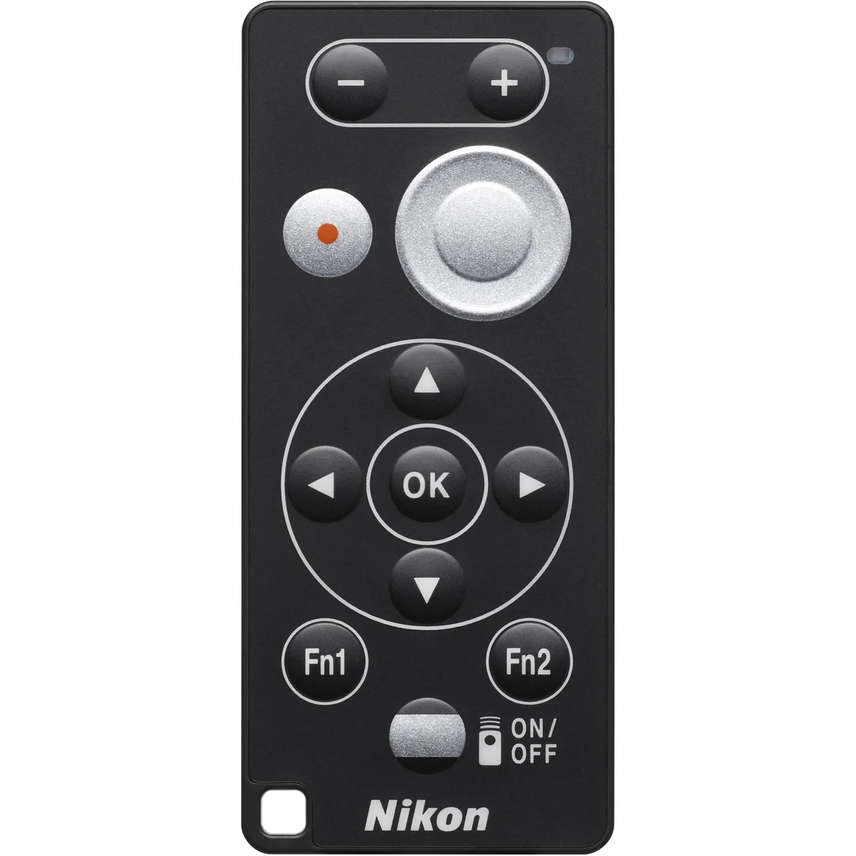 Small black rectangular Bluetooth remote with buttons for Nikon Coolpix P1000