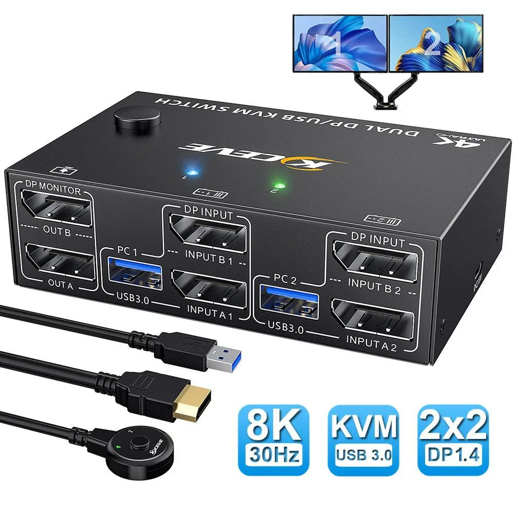 WRIARICH WRIARICH 8K@30Hz 4K@144Hz Dual Monitor DP 1.4 KVM Switch 2-PC 4-Port USB 3.0 Wired Remote — product photo