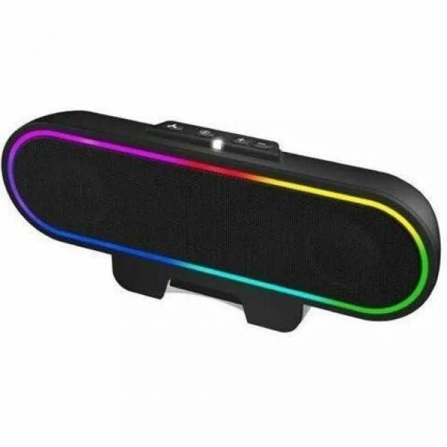 Black USB sound bar with clamp mount and LED lighting