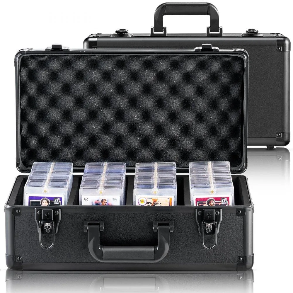 Rectangular hard-shell case with four wide slots, black textured finish, key lock on front
