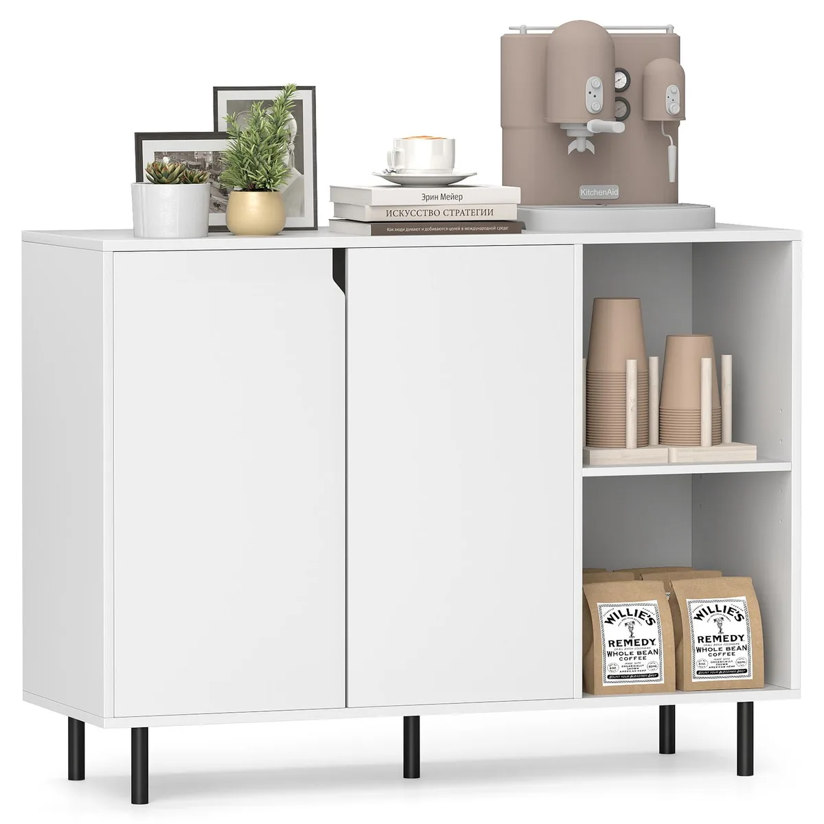 White sideboard cabinet 42 x 15 x 31.5 inches with two doors and open shelves