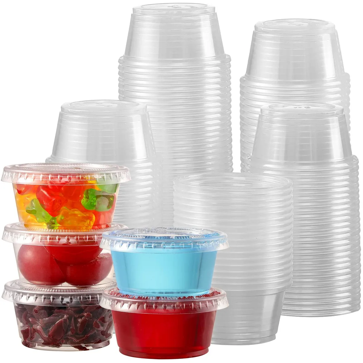 Stack of clear 2 oz plastic portion cups with snap-on lids