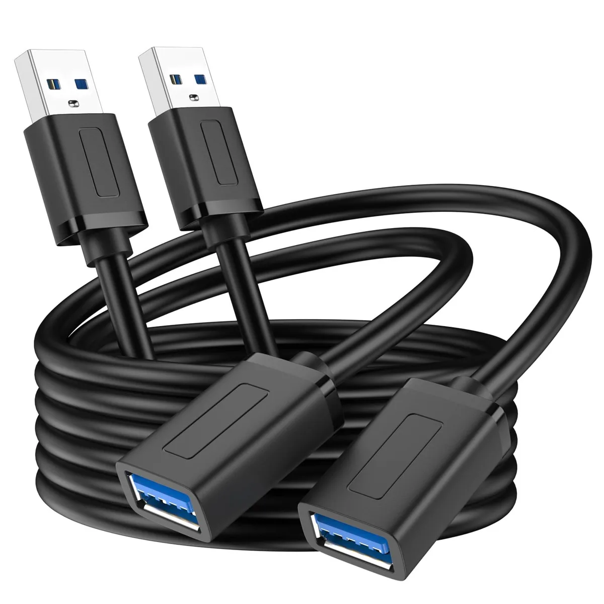 Two black USB A male-to-female extension cables, 3.3 ft each