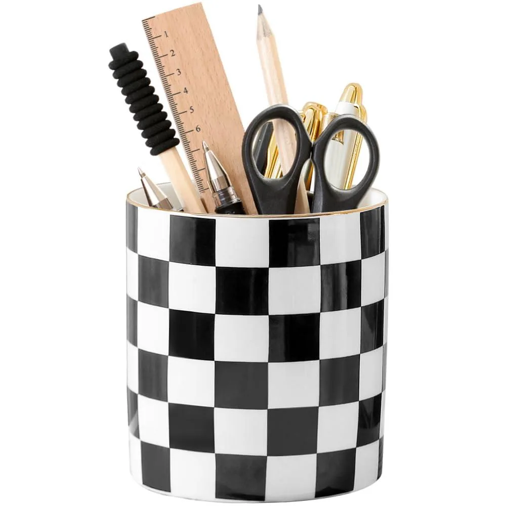 Twelve black ceramic pen holders with gold checkered pattern, 4.3 inches tall