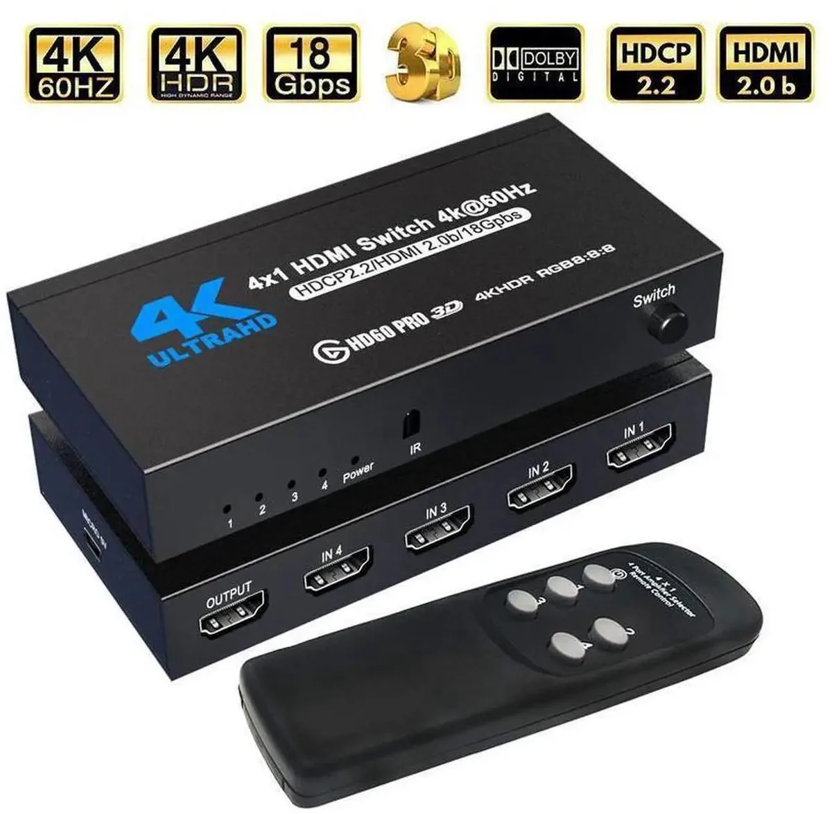 SMUGDESK SMUGDESK 4 Port HDMI 2.0 Switch 4K@60Hz IR Remote — product photo