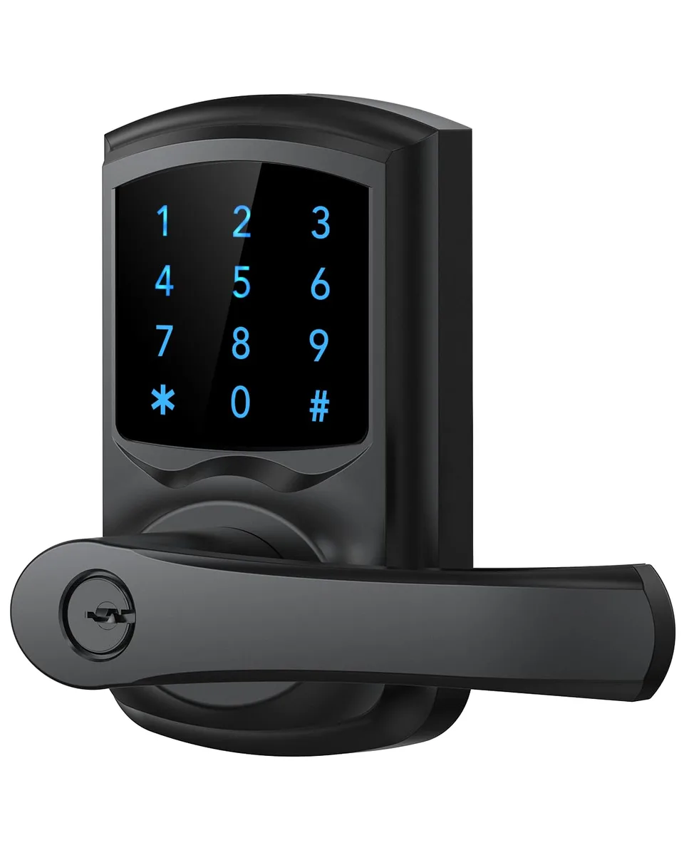 Matte black keyless entry door lock with touchscreen keypad and handle, 8.3 by 7.7 by 3.8 inches