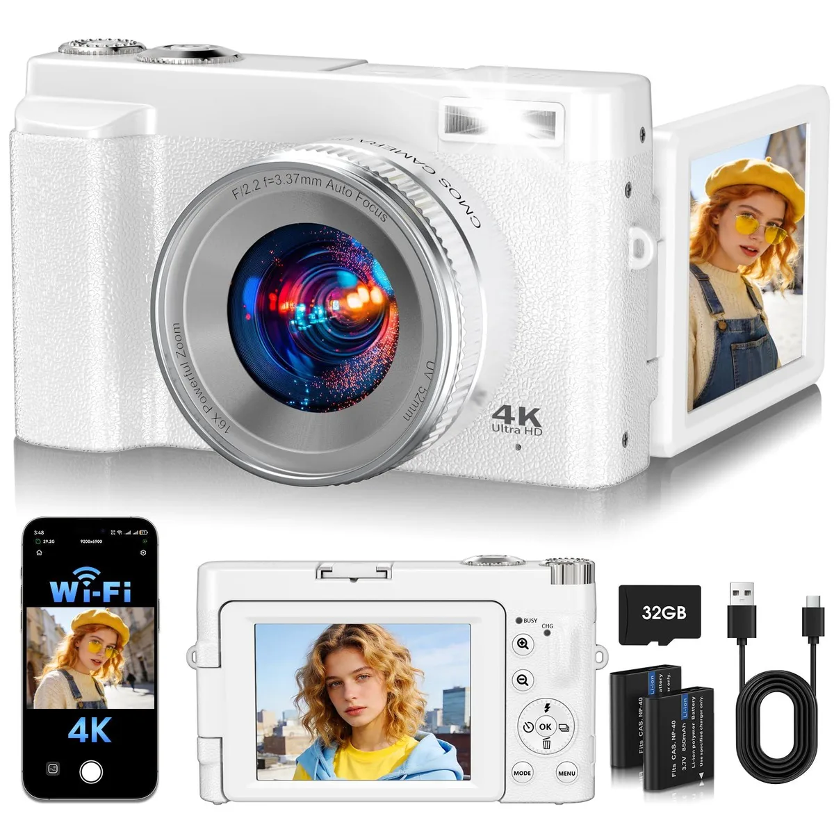 Polaroid PIXPRO DC101 64MP 4K WiFi 180° Flip Screen 16X Zoom 32GB Card 2 Batteries White — product photo