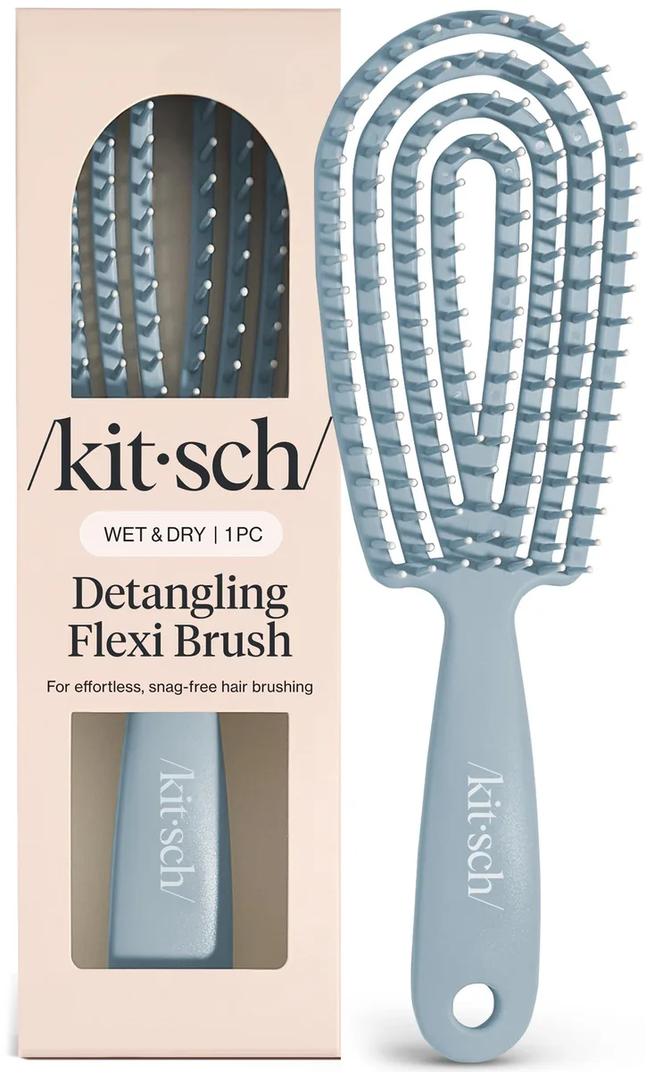 Haze-blue open-frame detangling brush with flexible bristles