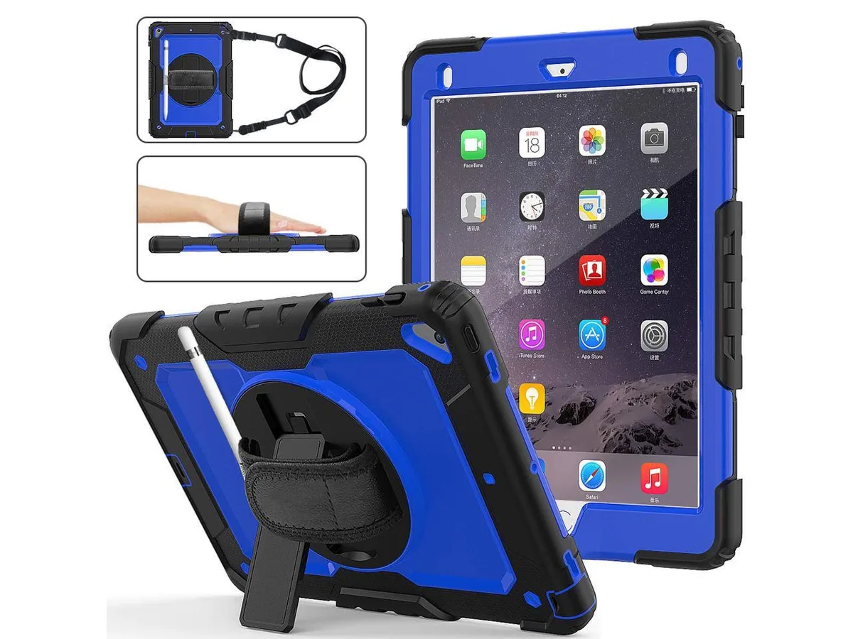 Blue protective iPad case with rotating stand and straps