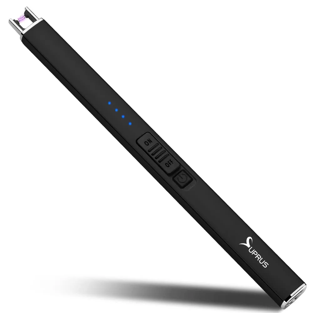 Black metal arc lighter with safety lock and four LED indicators
