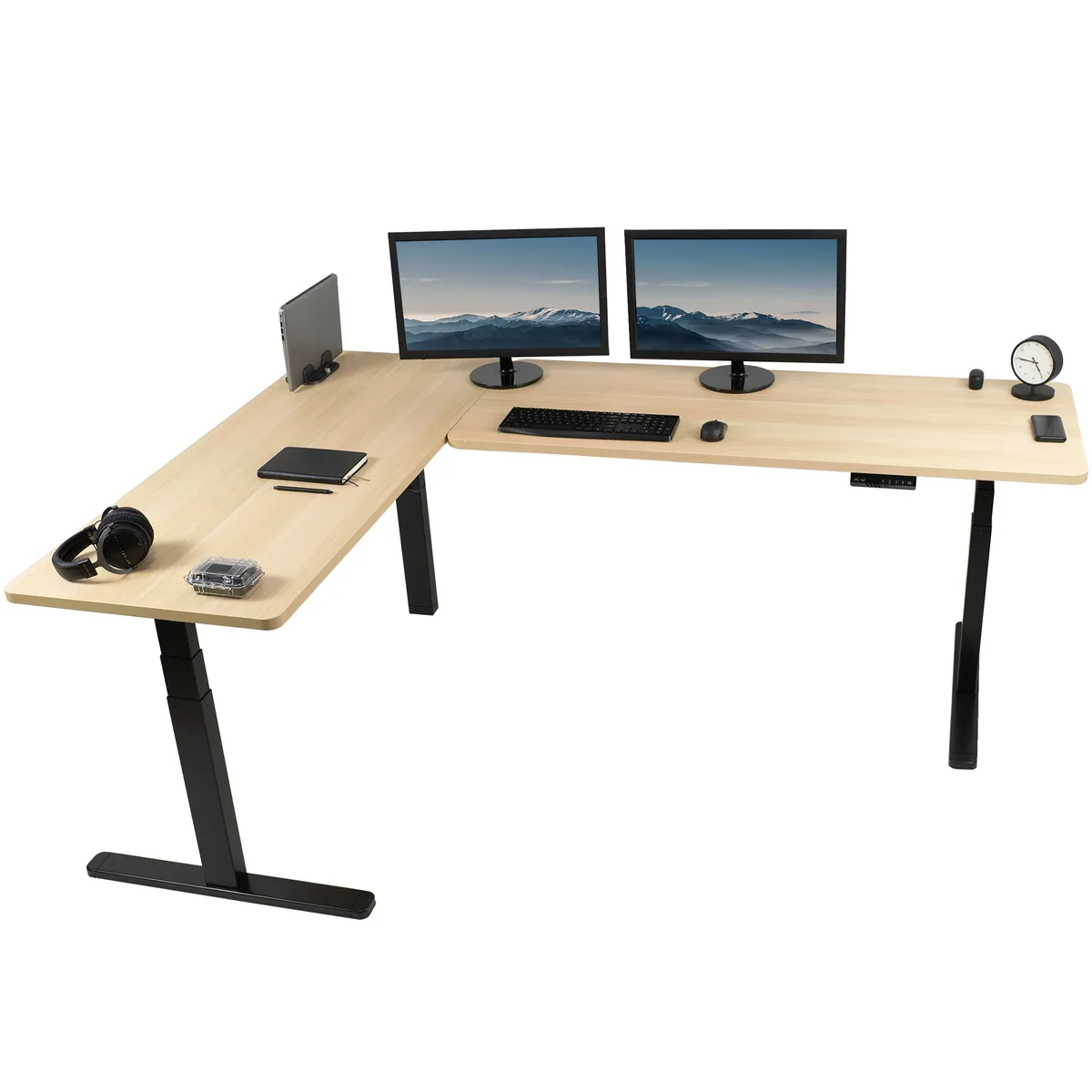 VIVO VIVO Electric Corner Desk 83" x 60" Light Wood/Black Frame — product photo