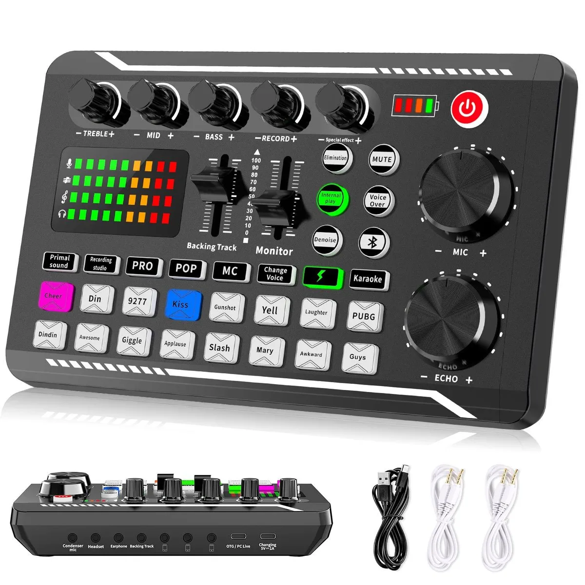 Rectangular black audio mixer with multiple knobs, faders, XLR and 3.5mm ports, USB interface