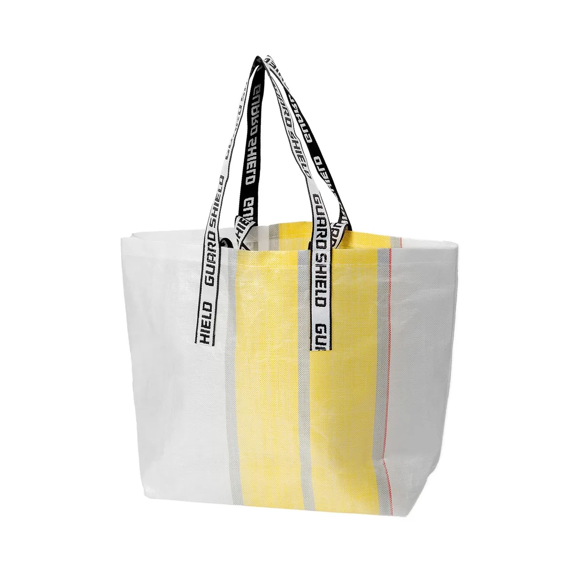 Beige woven polyethylene tote with short and long handles, 14-gallon capacity