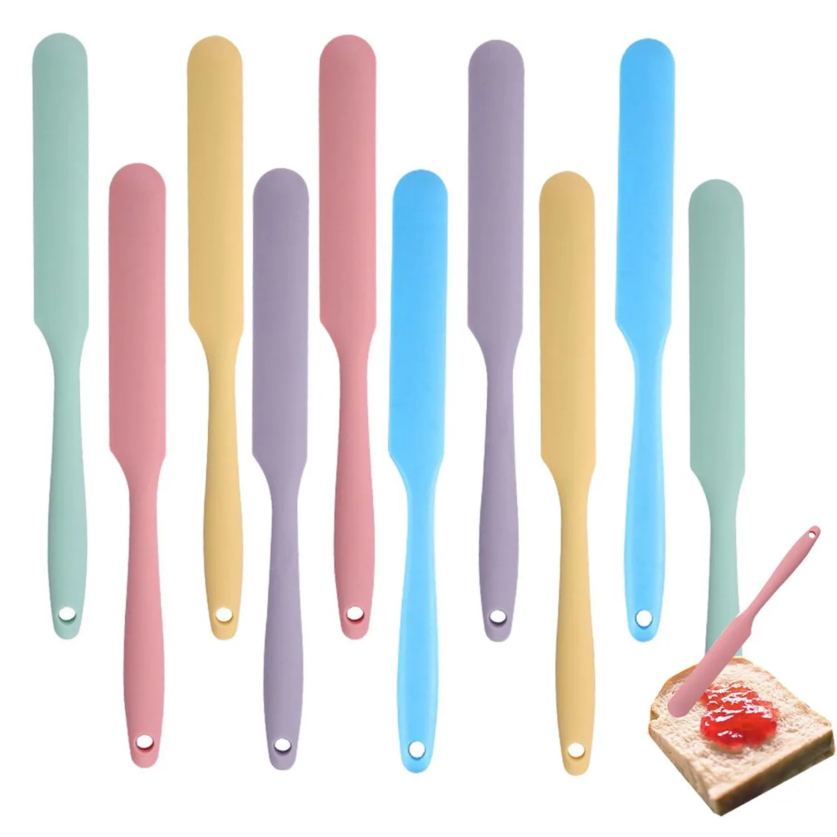 Ten silicone spatulas in five pastel colours, long narrow blades with hangable handles