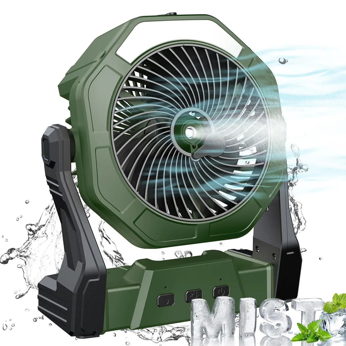Silver portable misting fan with 250mL water tank, built-in LED lantern, hook and non-slip base