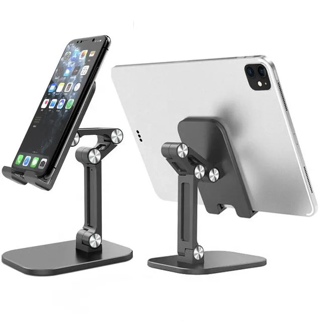 Black foldable phone stand with adjustable angle and height, charging hole visible