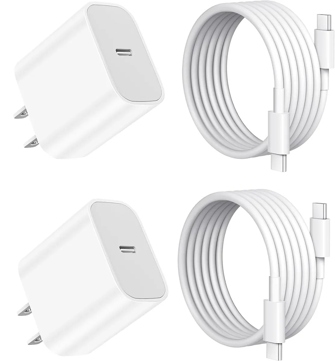 Two white USB-C wall chargers and two long white USB-C to USB-C cables