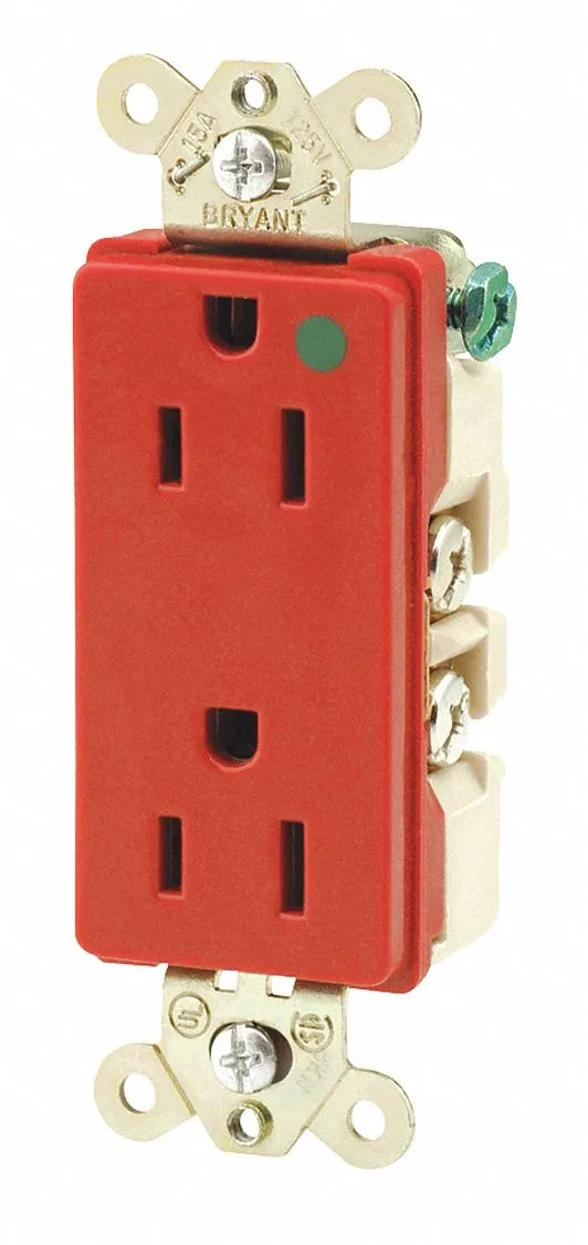 Red rectangular electrical receptacle with smooth nylon face and two vertical slots plus a round ground hole