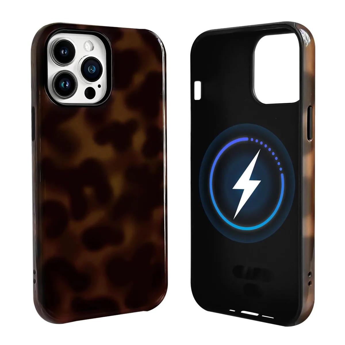 Brown iPhone 16 Pro case with leopard amber tortoise pattern and built-in magnet