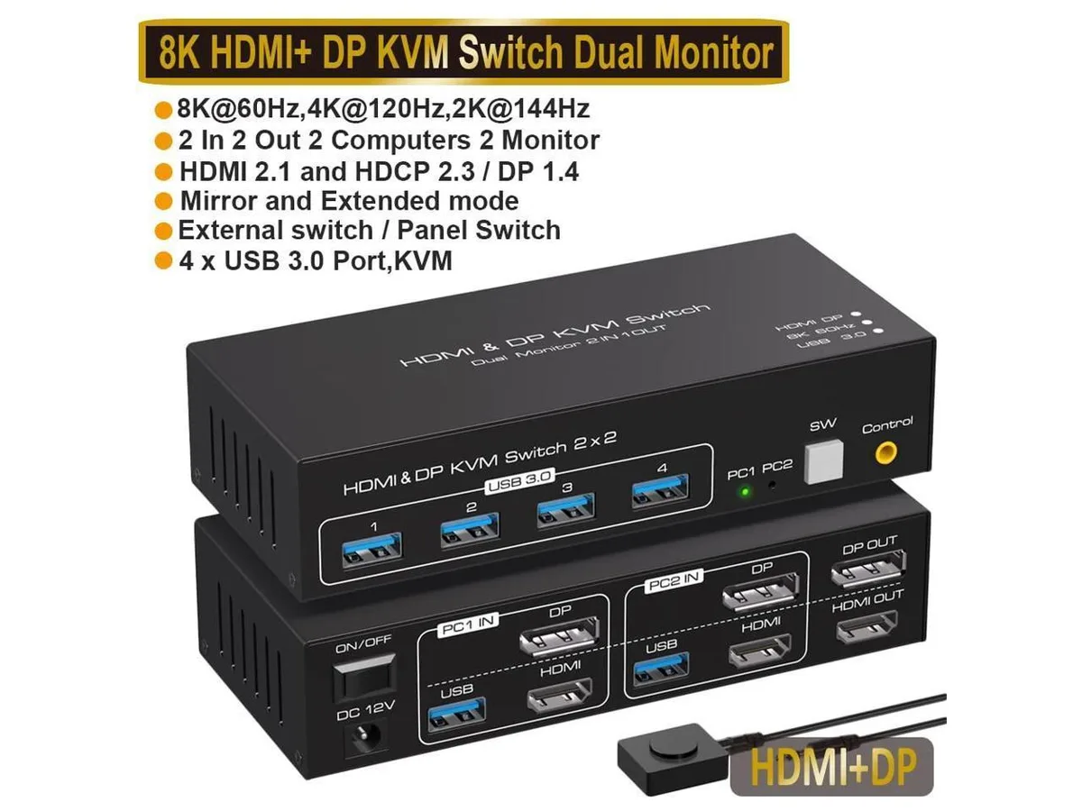 AUTYUE AUTYUE HDMI + DP KVM Switch Dual Monitor 2 Port 8K@60Hz 4 USB 3.0 — product photo