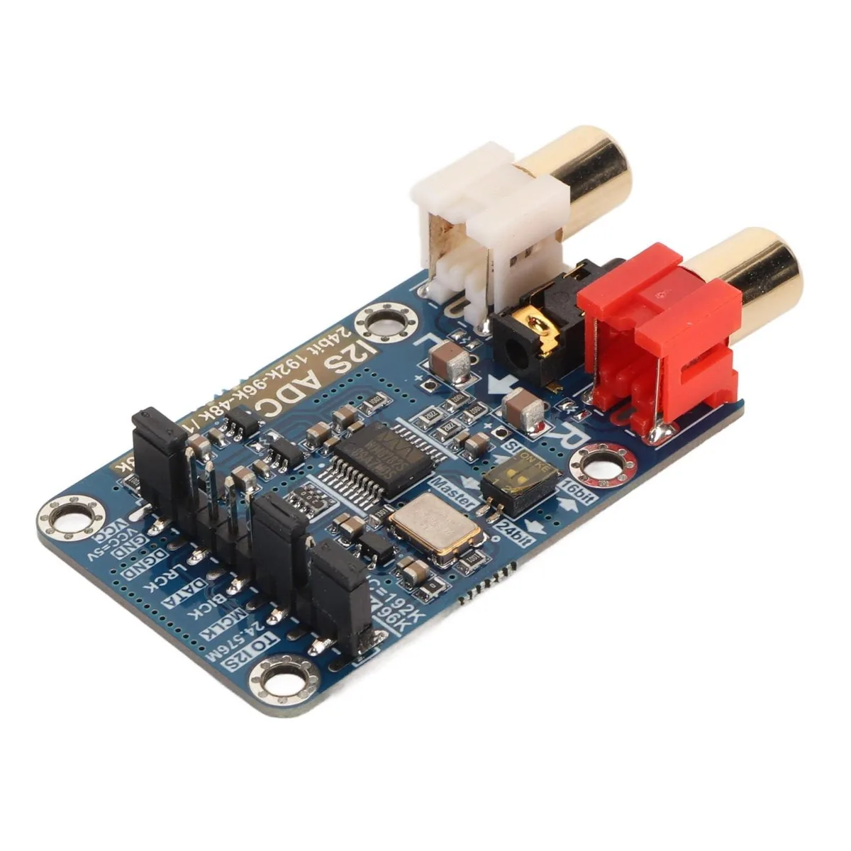 Small green circuit board with 3.5 mm jack and pin headers