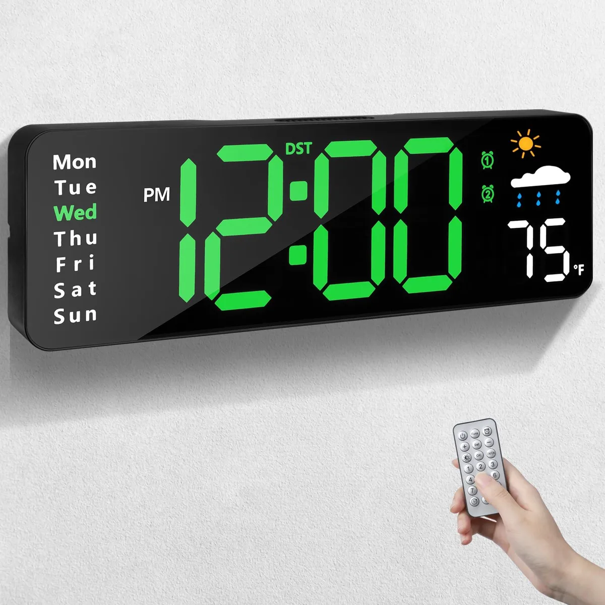 Green rectangular digital wall clock with large LED display, remote control, and table stand