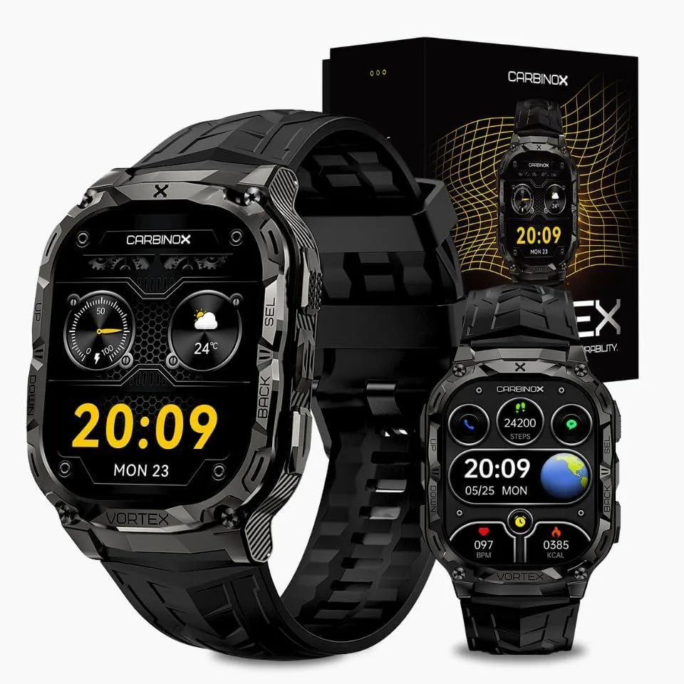 Rugged smartwatch with sporty design, IP69K waterproof rating, military-grade durability certification
