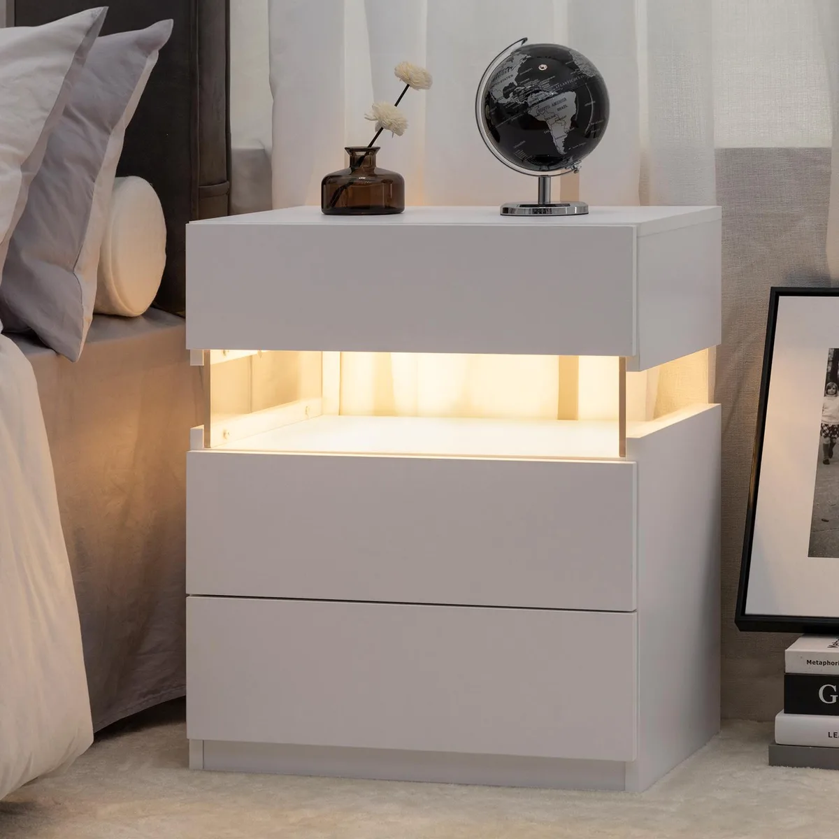 tuphen tuphen LED Nightstand 3 Drawer Dresser White — product photo