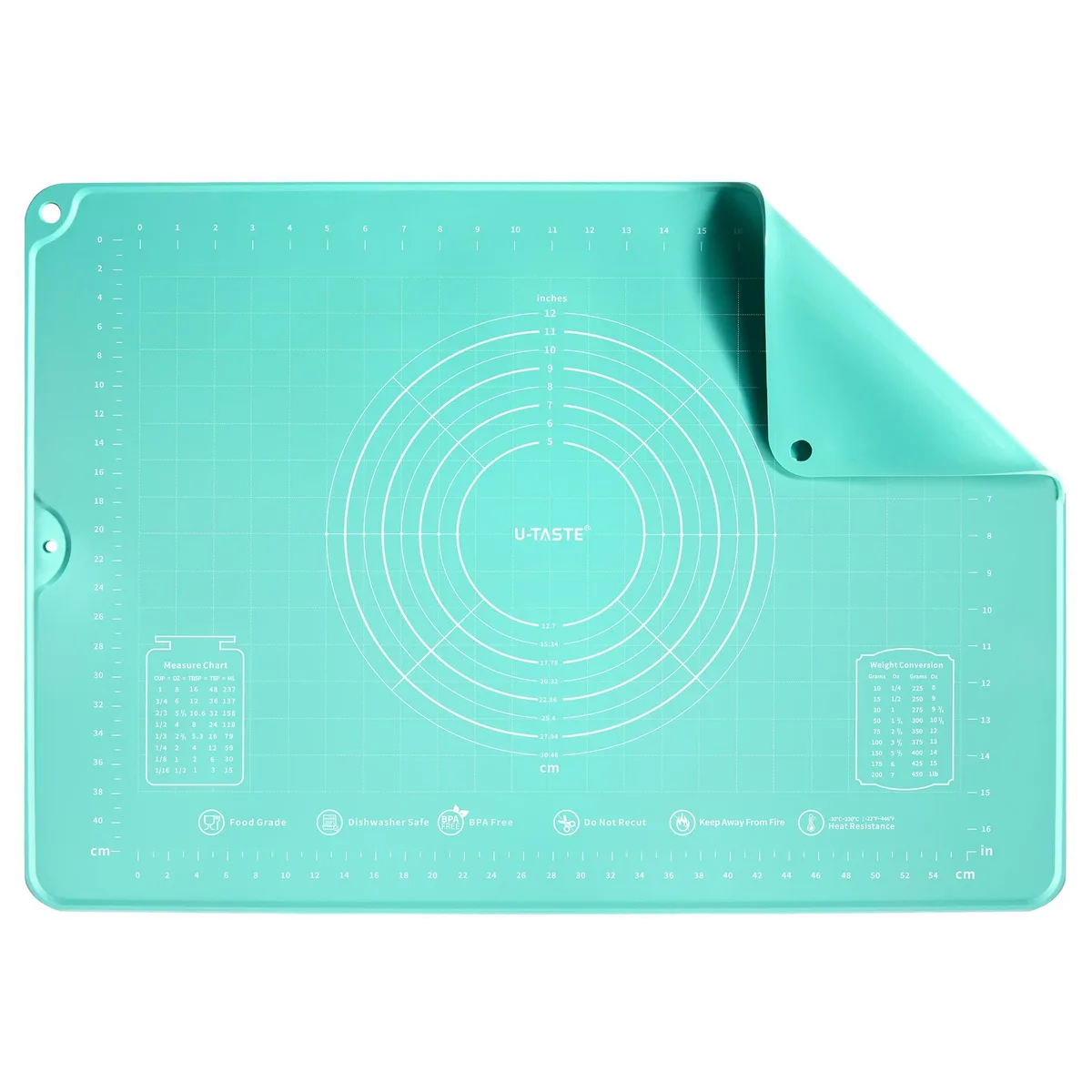 Large rectangular aqua-sky silicone baking mat with raised edges and measurement markings