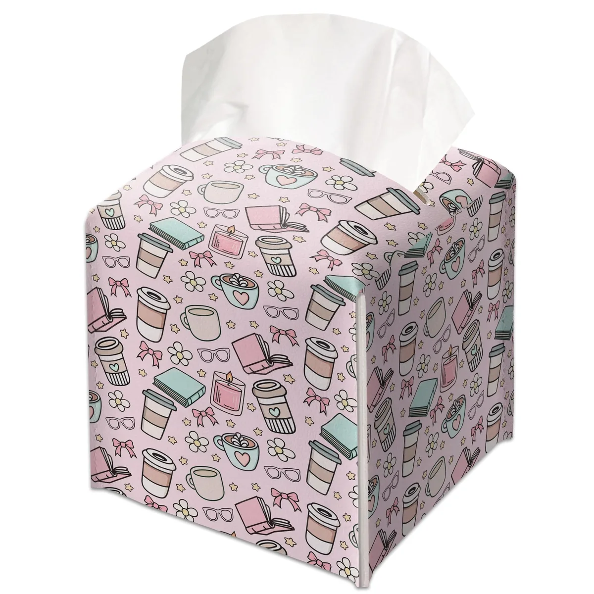 Square leather tissue box cover with decorative pattern and Velcro closure