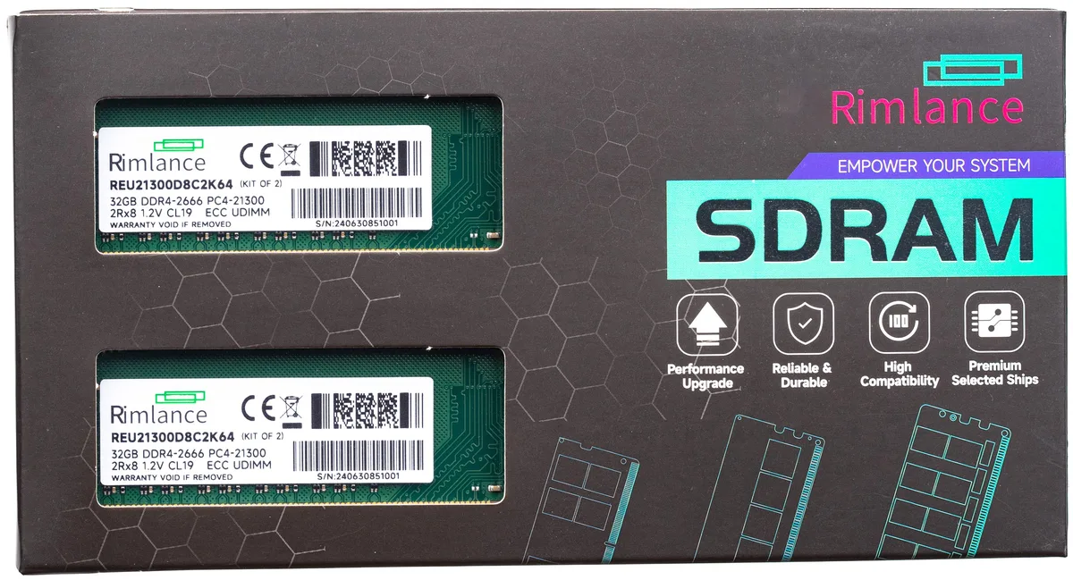 RIMLANCE RIMLANCE REU21300D8C2K64 64GB (2x32GB) DDR4 2666 ECC UDIMM 2Rx8 CL19 1.2V — product photo