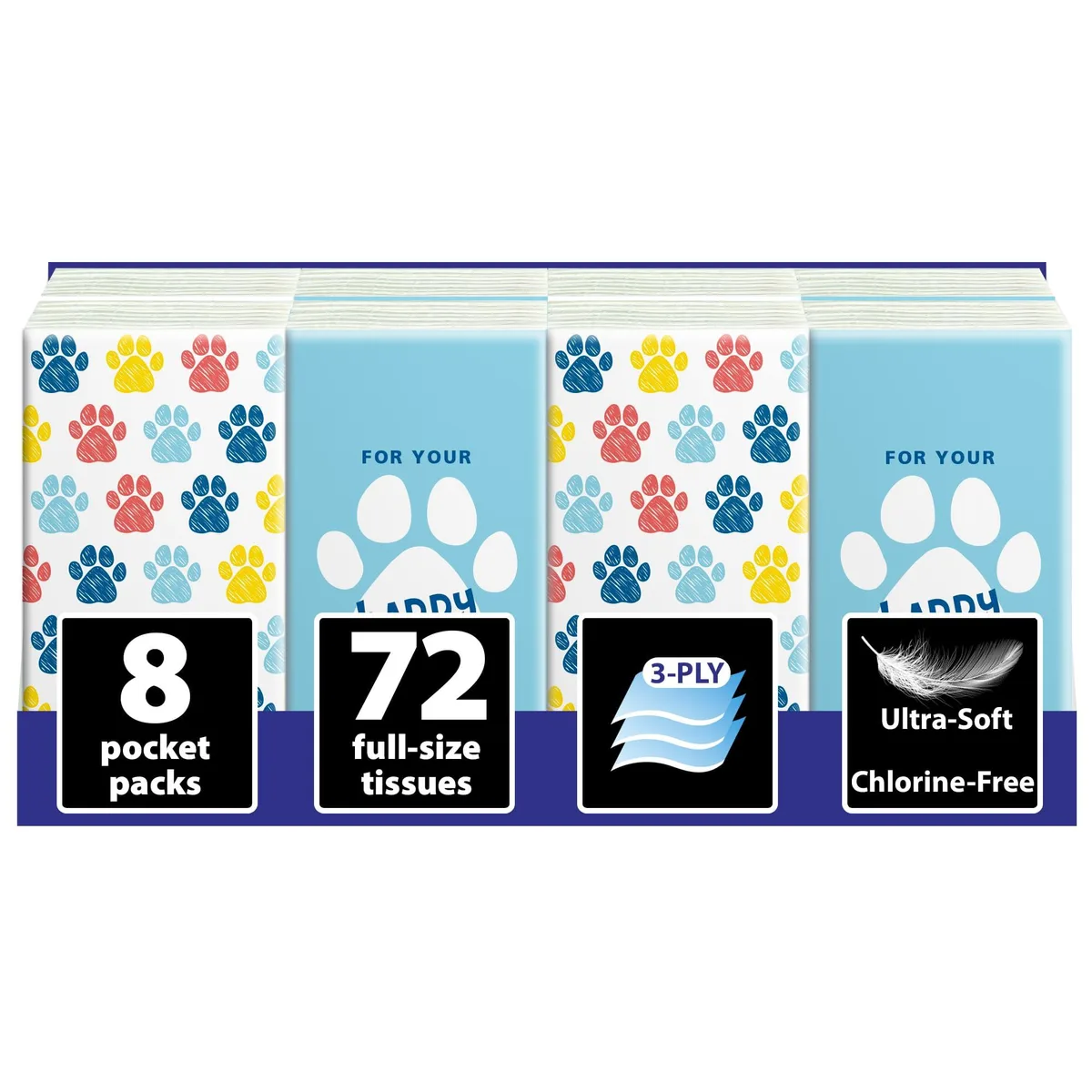 Eight small tissue packs with paw-print covers
