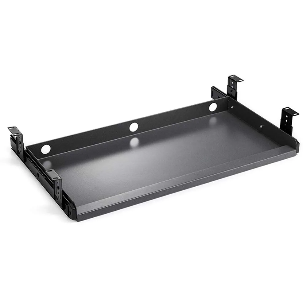 Gray metal slide-out keyboard tray on ball-bearing rails with wrist pads and cord-management holes